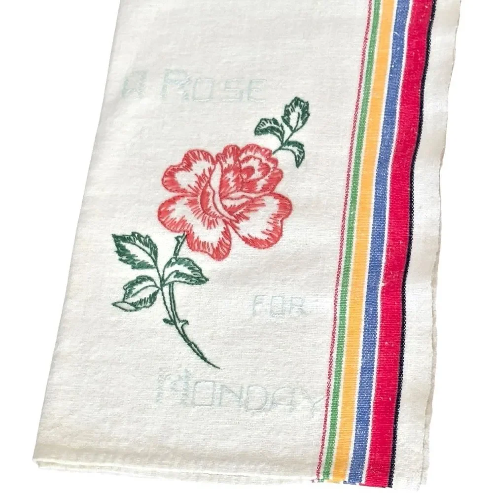 Vintage Days of the Week Set of 6 Colorful Embroidered Flower Dish Towels.